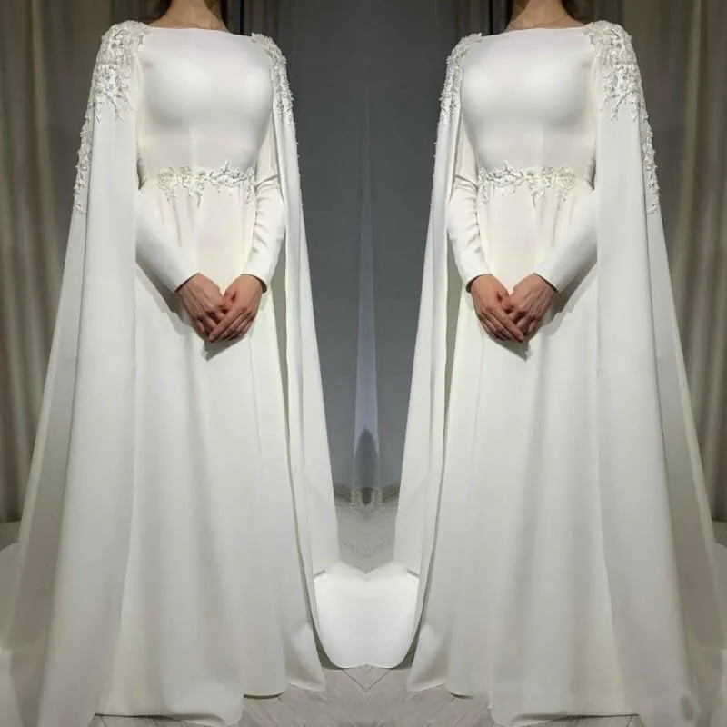 Muslim Wedding Dress with Cape Long Sleeves Beading Plus Size Satin Bridal Gowns fg6020