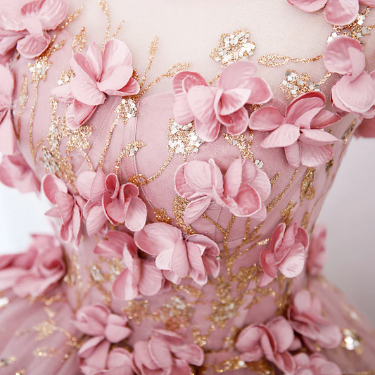 Lovely Pink Tulle Long Party Dress With Flowers, Pink Tulle Sweet 16 Gown fg3286