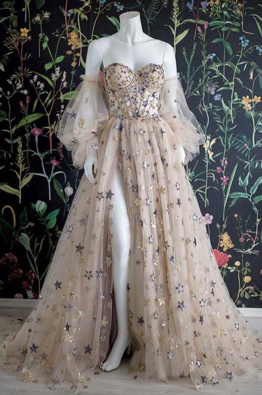 Champagne Tulle Long Prom Dress, Off the Shoulder Evening Dress with Stars fg3173