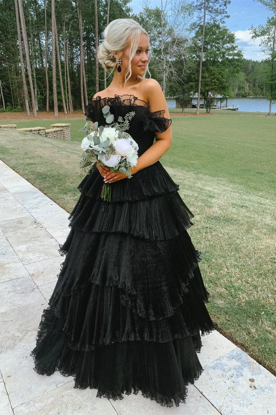 A-line Off-the-Shoulder Pink Ruffle Layers Tulle Long Prom Dress fg3628