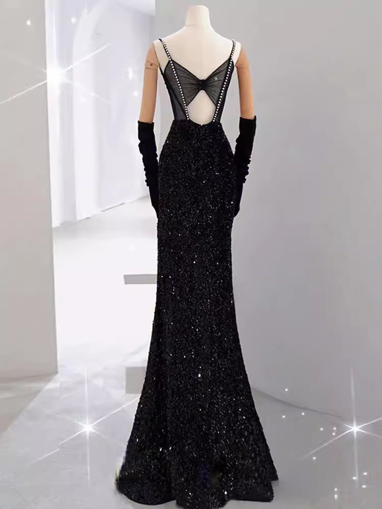 Mermaid Straps Sequin Black Backless Long Prom Dresses P1019