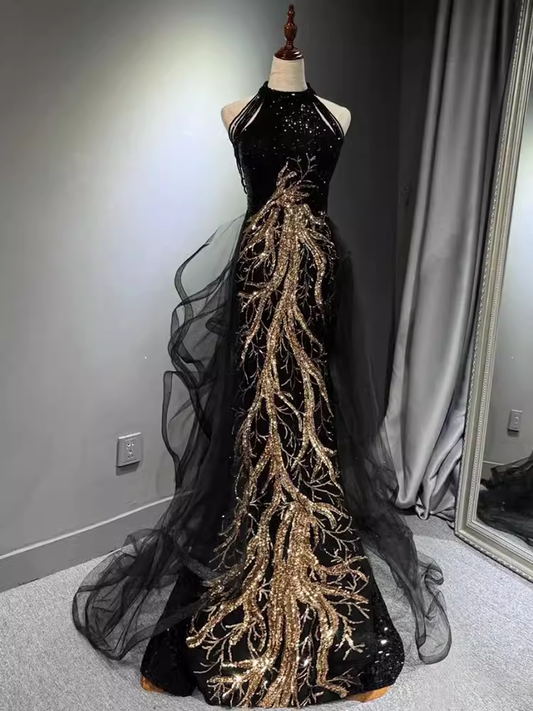 Modest Mermaid Halter Long Black Prom Dress P1423
