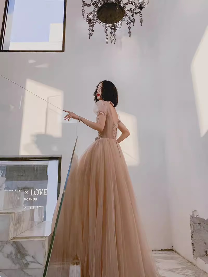Simple A Line Champagne Tulle Prom Dresses Evening Dress P2149