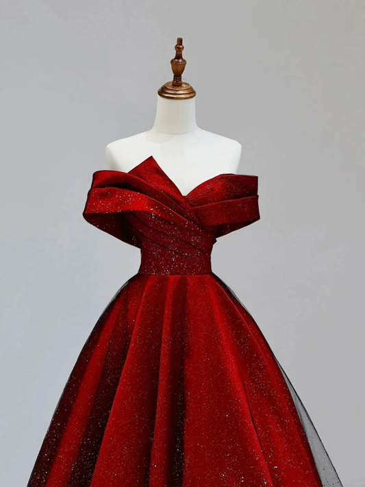 Shiny Off the Shoulder Burgundy Long Prom Dresses P2238