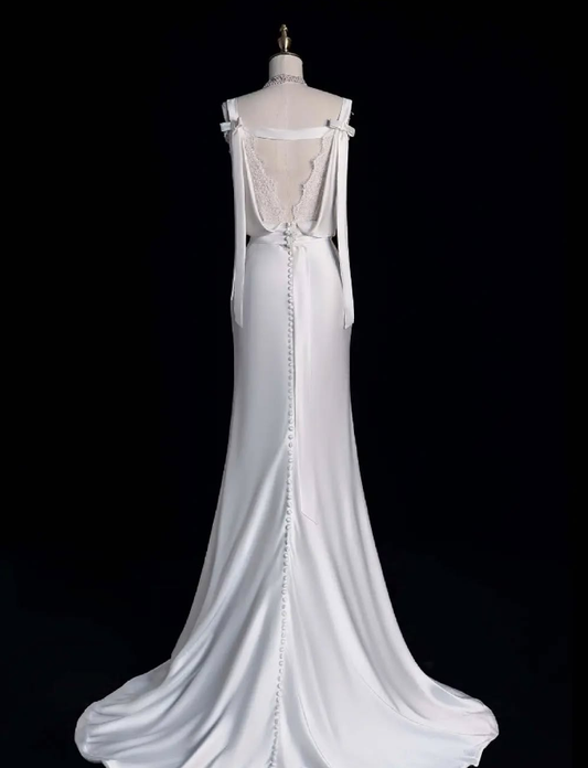 Elegant Sheath Spaghetti Strap Lace Satin Long Sweep Prom Dress Graduation Prom Dress SH2567