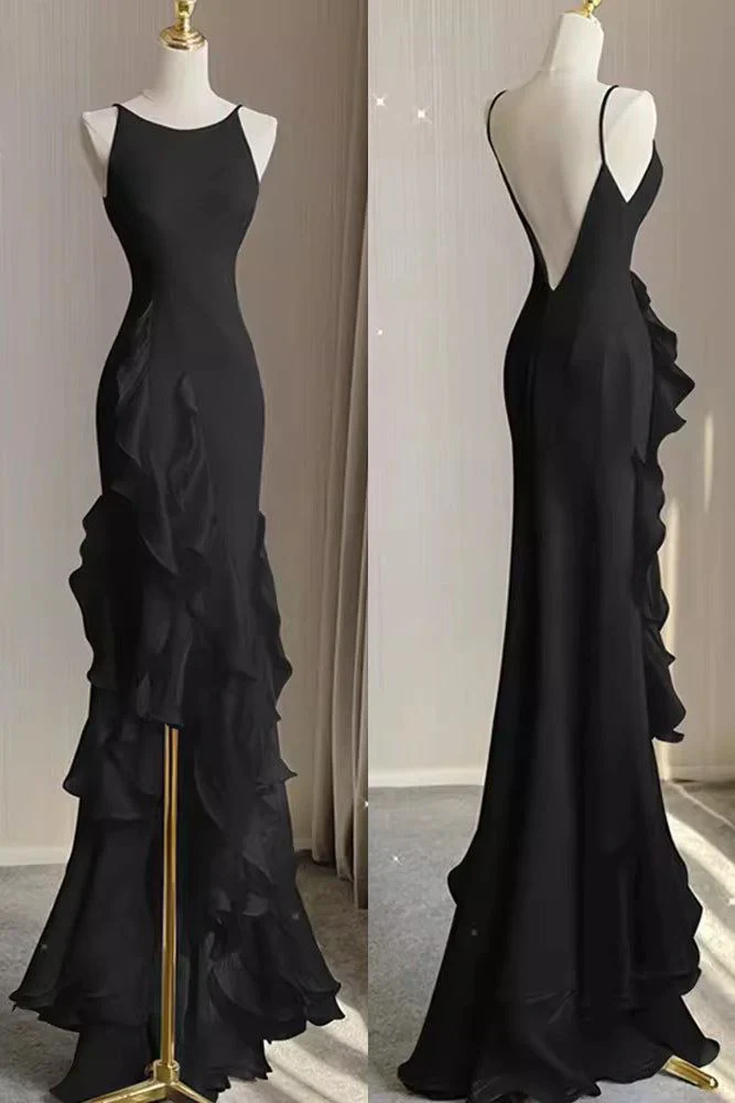 Spaghetti Straps White Mermaid Evening Dress With Ruffles Backless Prom Dress SH1195