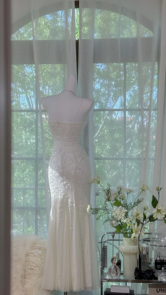 Gentle Mermaid Spaghetti Strap Beaded White Chiffon Long Prom Dress Evening Dress SH2984