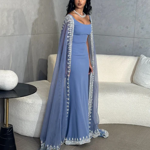 Sparkly Blue Evening Dresses Cape Long Mermaid Prom Dress Formal Evening Dress Wedding Dress SH945