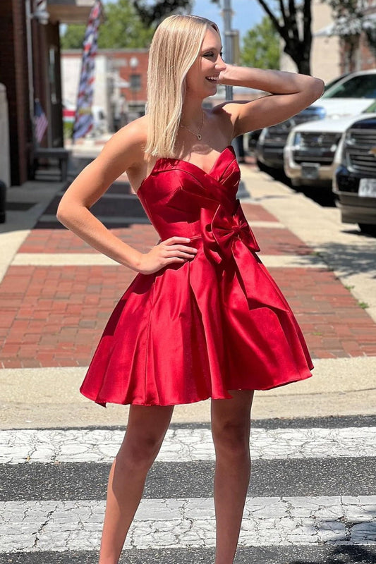 Red Satin A-Line Strapless Empire Homecoming Dress With Bow