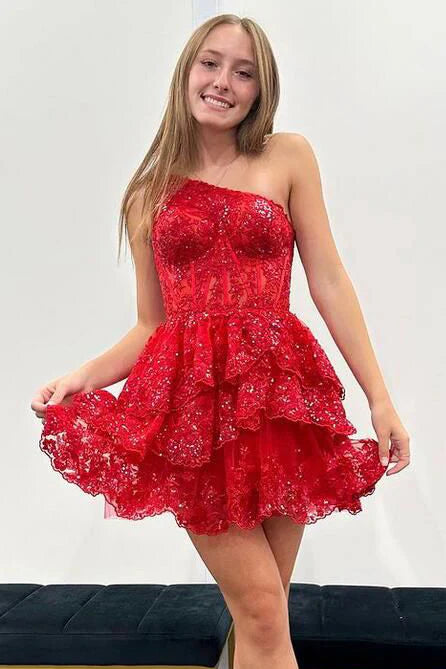 Dark Navy One Shoulder Appliques Multi-Layers Tulle Homecoming Dress