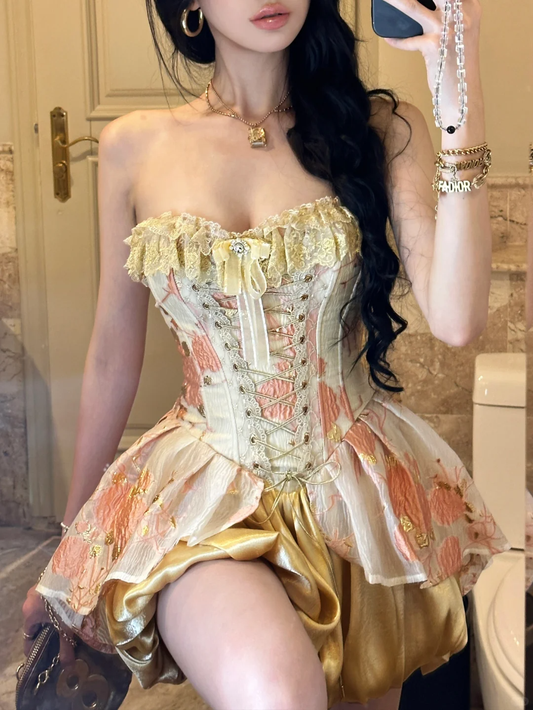 Golden A Line Sweetheart Neck Lace Satin Short Prom Dress Homecoming Dress SH4461