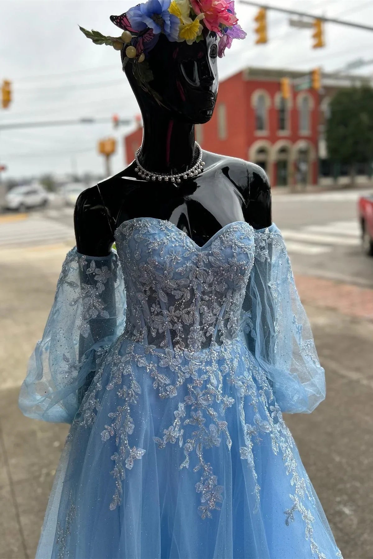 Blue Floral Lace Sweetheart A-Line Prom Gown with Sleeves fg4213