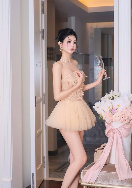 Khaki A Line Strapless Lace Tulle Short Homecoming Dress SH4786