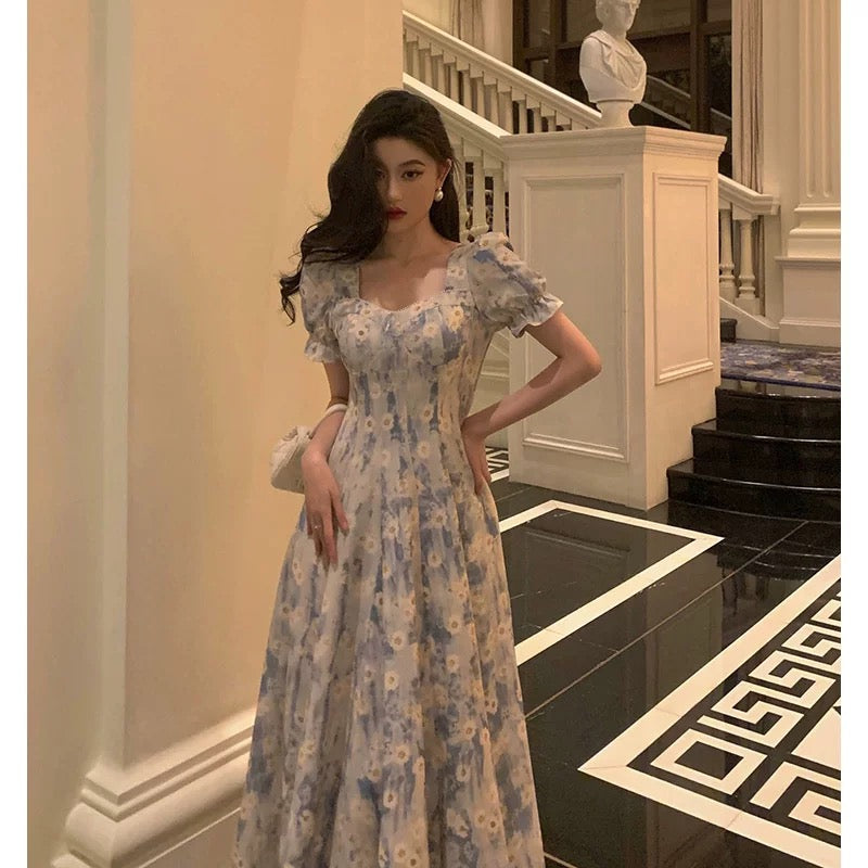 Classy A line Square neckline Blue Chiffon Long Prom Dresses Birthday Outfits Evening Gown SD1013
