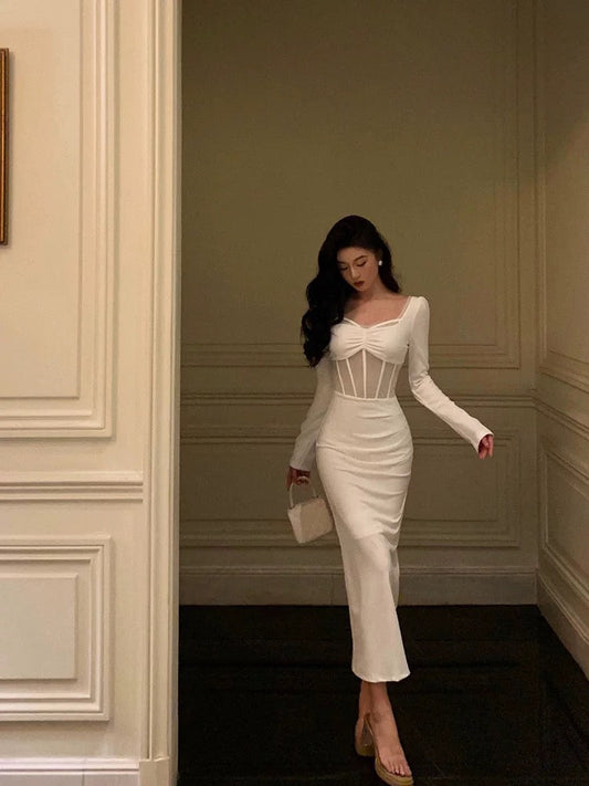 Classy Sheath Long Sleeves White Prom Dresses Birthday Outfits Evening Gown SD1116