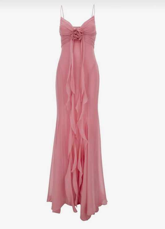 Retro Sheath Spaghetti Straps Pink Chiffon Long Party Dress Prom Dresses SD1400