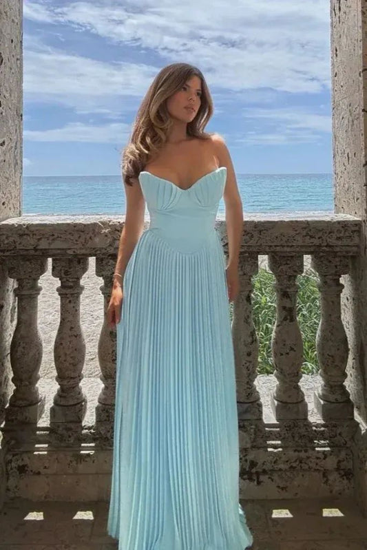 Sweetheart Sleeveless Chiffon Blue A-line Long Evening Prom Dresses SD1585
