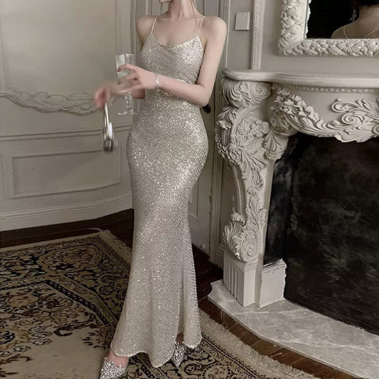 Sexy Mermaid Spaghetti Straps Sequin Floor Length Evening Dress Prom Dresses SD1650