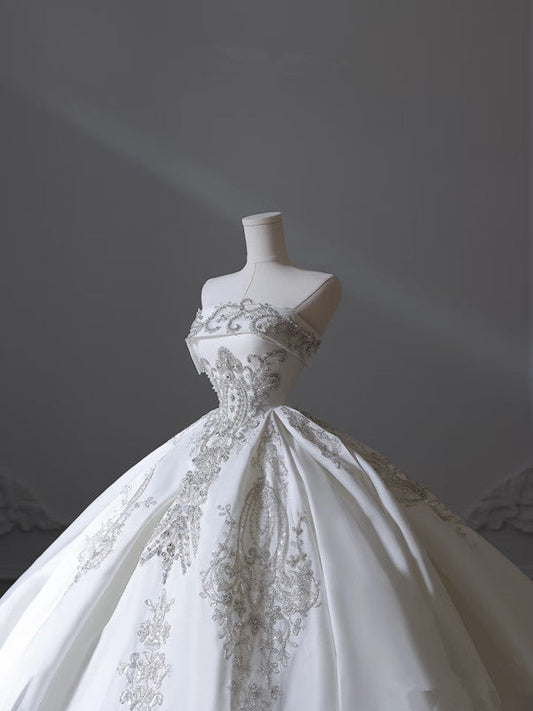 Princess Ball Gown Strapless Sleeveless Pleats White Satin Wedding Dress Bridal Dresses SD1667