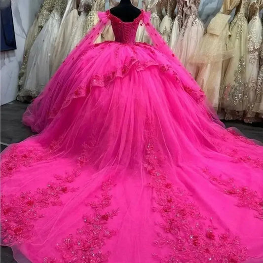3D Flower Appliques Quinceanera Dresses Luxury Beads Cape Sleeve Prom Ball Gowns Puffy Princess Dress fg7503