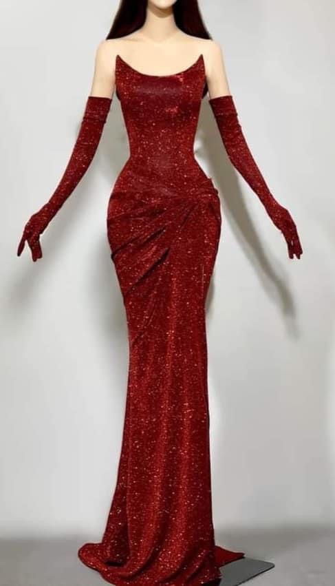 Sexy Mermaid Strapless Burgundy Sequin Long Prom Dresses Evening Gowns With Gloves SD1811