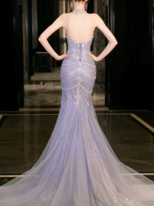 Classy Mermaid High Neckline Tulle Lilac Beads Long Party Dress Prom Dresses SD1839