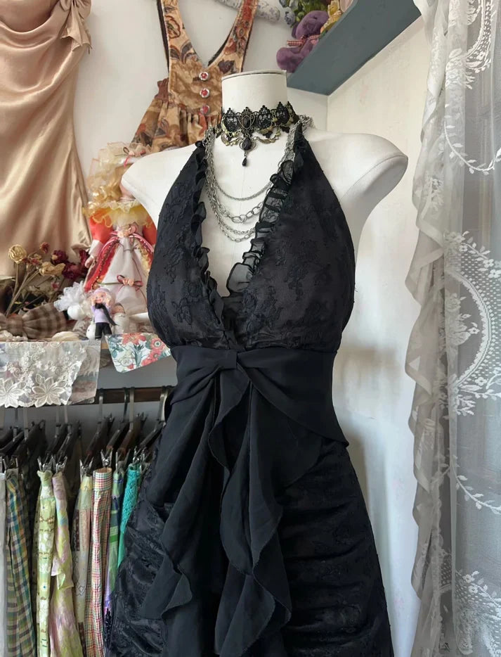 Vintage Mermaid Halter Sleeveless Long Black Lace Evening Dress Prom Dresses SH3093