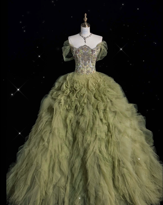 Aesthetic Ball Gown Sweetheart Sage Green Tulle Party Dress Long Prom Dress Evening Dresses SD1925