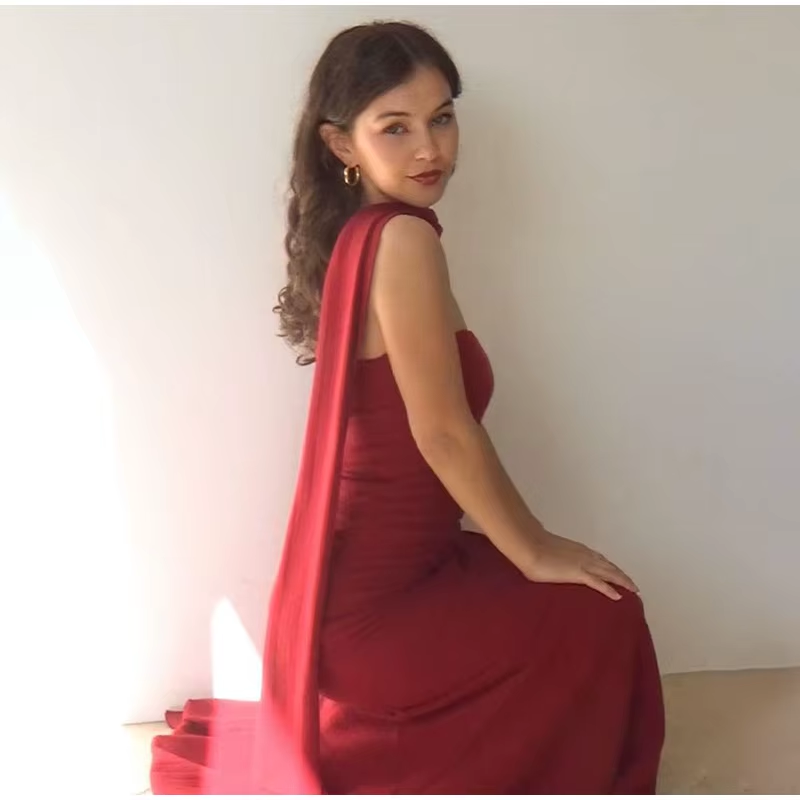 Pretty Mermaid Spaghetti Straps Floor Length Red Prom Dress Evening Dress Formal Dress With Ribbon SD2194