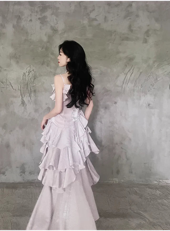 Pretty Irregular Ruffle Spaghetti Straps Light Purple Prom Dresses With Flower Long Birthday Dress SH2897