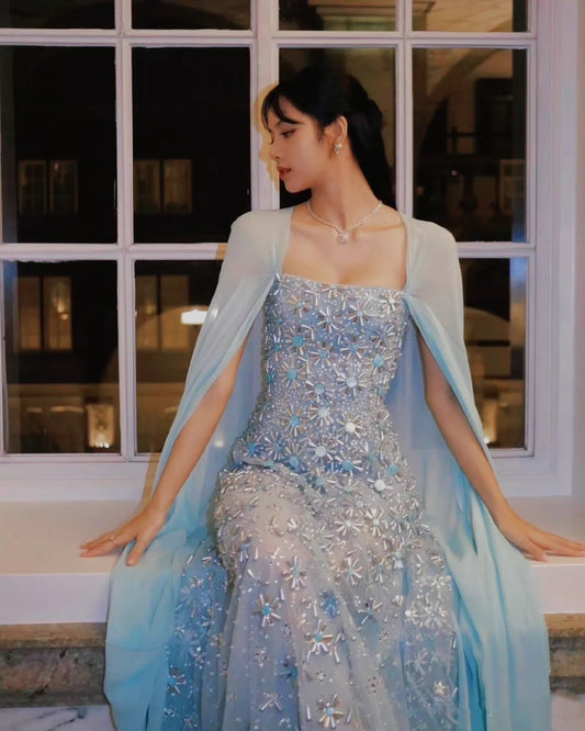 Classy A line Strapless Sleeveless Chiffon Light Sky Blue Long Prom Dresses SD2397