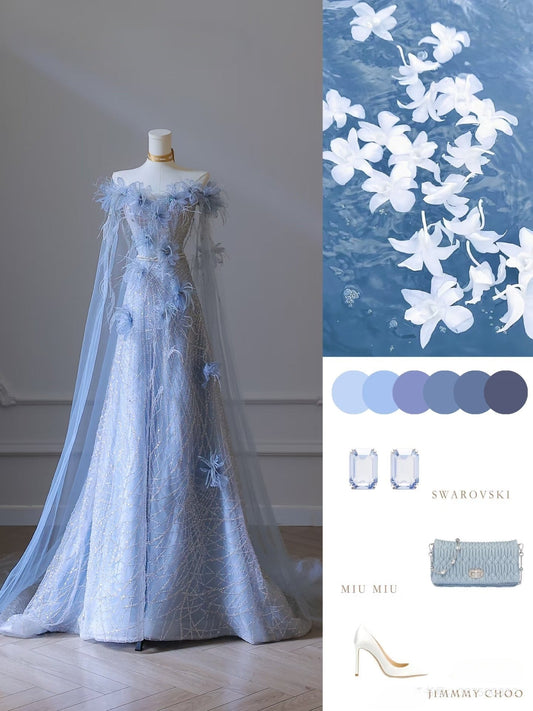 Classy Balll Gown Sweetheart Floral Blue Tulle Long Evening Dress Prom Dresses SD2518