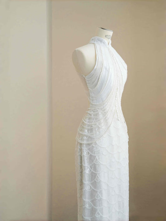 Pretty Bridal Gown Mermaid High Neck Sequin White Long Wedding Dresses Modest Bridal Gowns D2723