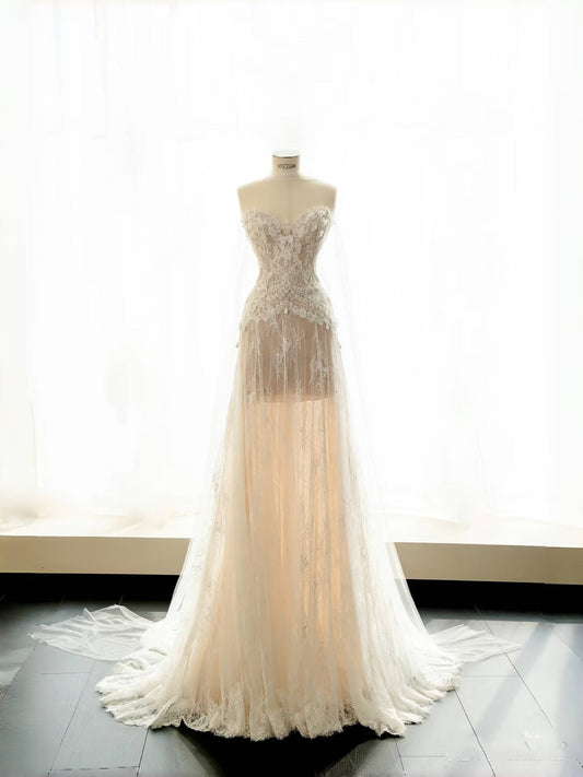 Simple Bridal Gown A line Sweetheart White Lace Floor Length Wedding Dresses Minimalist Bridal Gowns D2735