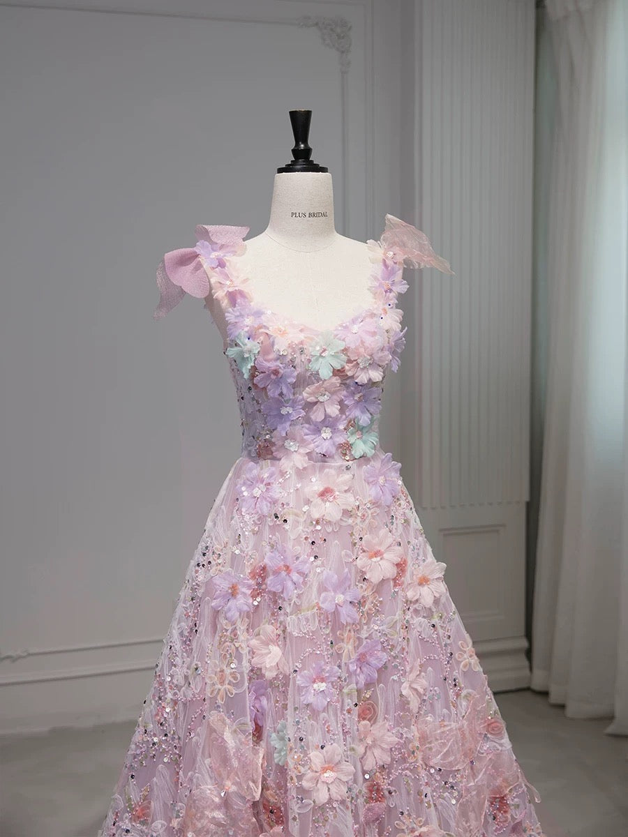 Pretty A Line Spaghetti Straps Pink Floral Long Length Evening Dress Prom Dresses SD2773