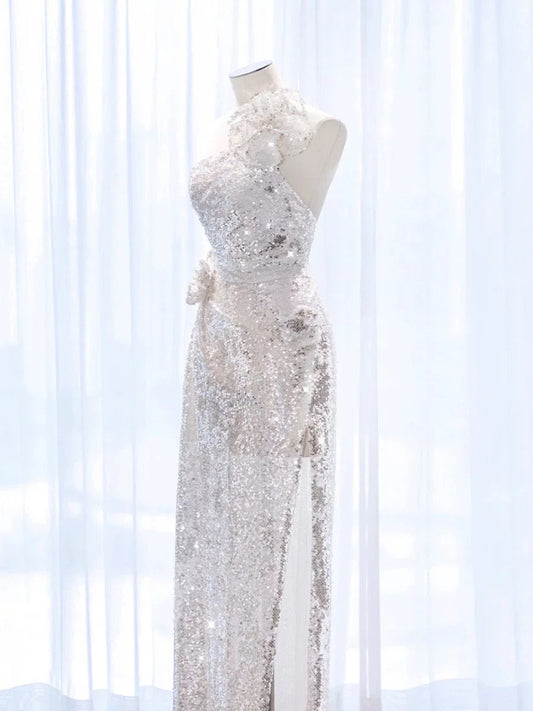 Pretty A Line One Shoulder Silver Sequin Long Length Evening Dress Prom Dresses SD2777
