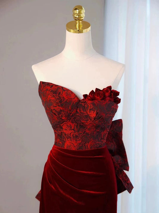 Pretty Mermaid Sweetheart Wine Red Velvet Long Evening Dress Prom Dresses SD2794