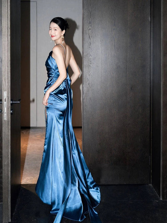 Classy Mermaid One Shoulder Blue Satin Evening Dress Long Prom Dresses H2869