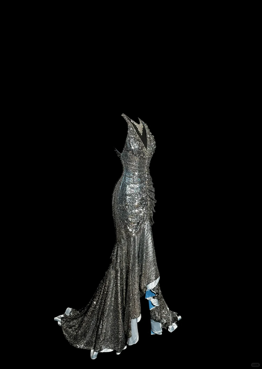 Vintage Mermaid V Neckline Gray Sequin Long Prom Gown Fairy Prom Dresses SD2958