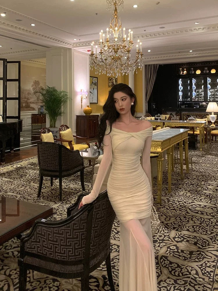 Modest Sheath Off The Shoulder Long Sleeves Beige Prom Dresses Evening Dress SD421