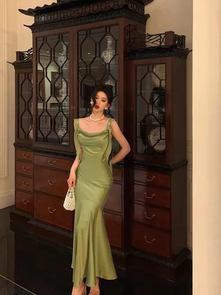 Classy Mermaid Straps Green Satin Long Evening Dresses Birthday Outfits SH2893