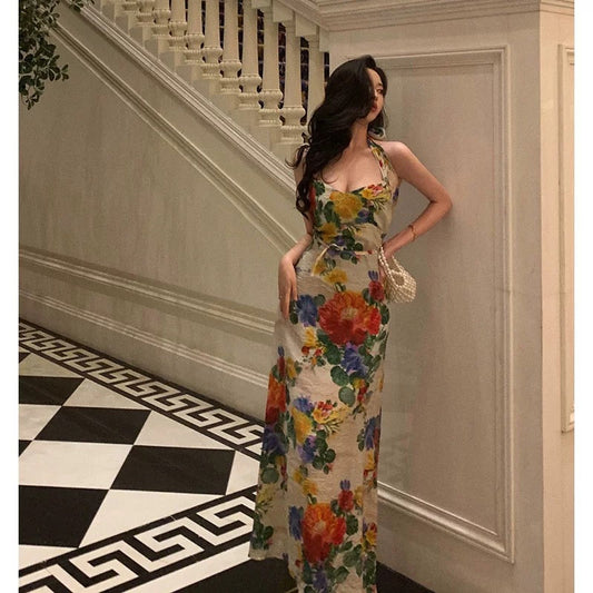Pretty A Line Halter Floral Long Prom Dresses Birthday Outfits Evening Gown SD820