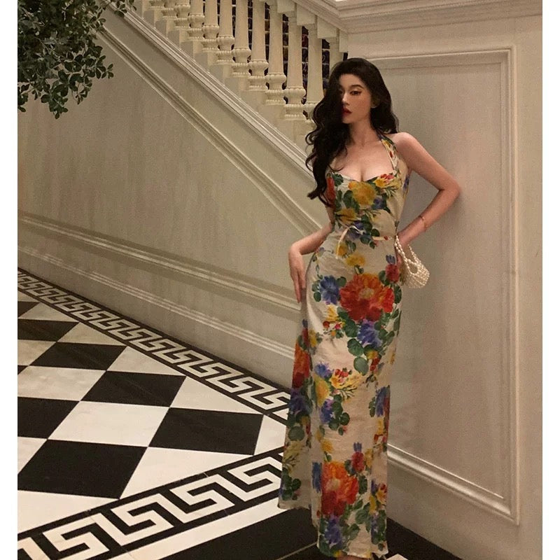Pretty A Line Halter Floral Long Prom Dresses Birthday Outfits Evening Gown SD820