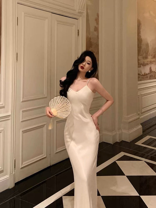 Stunning Mermaid Spaghetti Straps White Date Night Dress Prom Dresses Birthday Outfit SD835