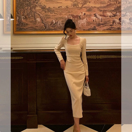 Stunning Sheath Square Neckline Long Sleeves Date Night Dress Prom Dresses Birthday Party Outfit SD881