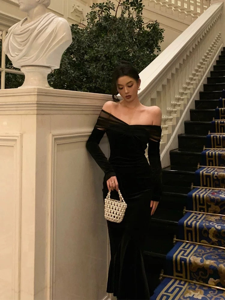 Elegant Mermaid Off The Shoulder Long Sleeves Black Prom Dresses Birthday Outfits Evening Gown SD963