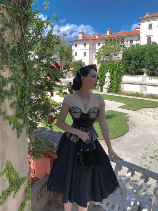 Vintage A Line V Neck Corset Black Lace Satin Short Prom Dress Party Dress SH4286