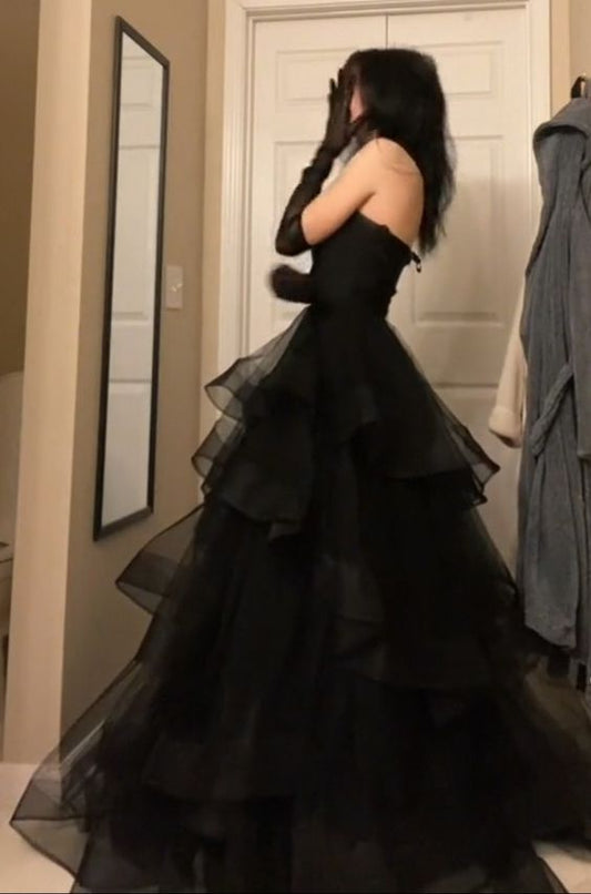 Princess A Line Sweetheart Neck Black Tiered Tulle Long Prom Dress Evening Dress SH355