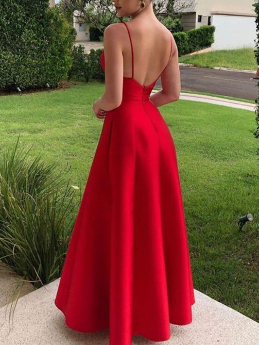 Simple Solid Color Spaghetti-Neck V-Back A-Line Prom Dress SH502