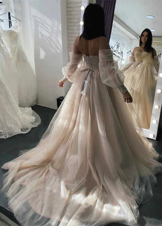 Champagne Sweetheart Strapless Tulle Wedding Dresses, Lace Up Prom Dress Evening Dresses SH553